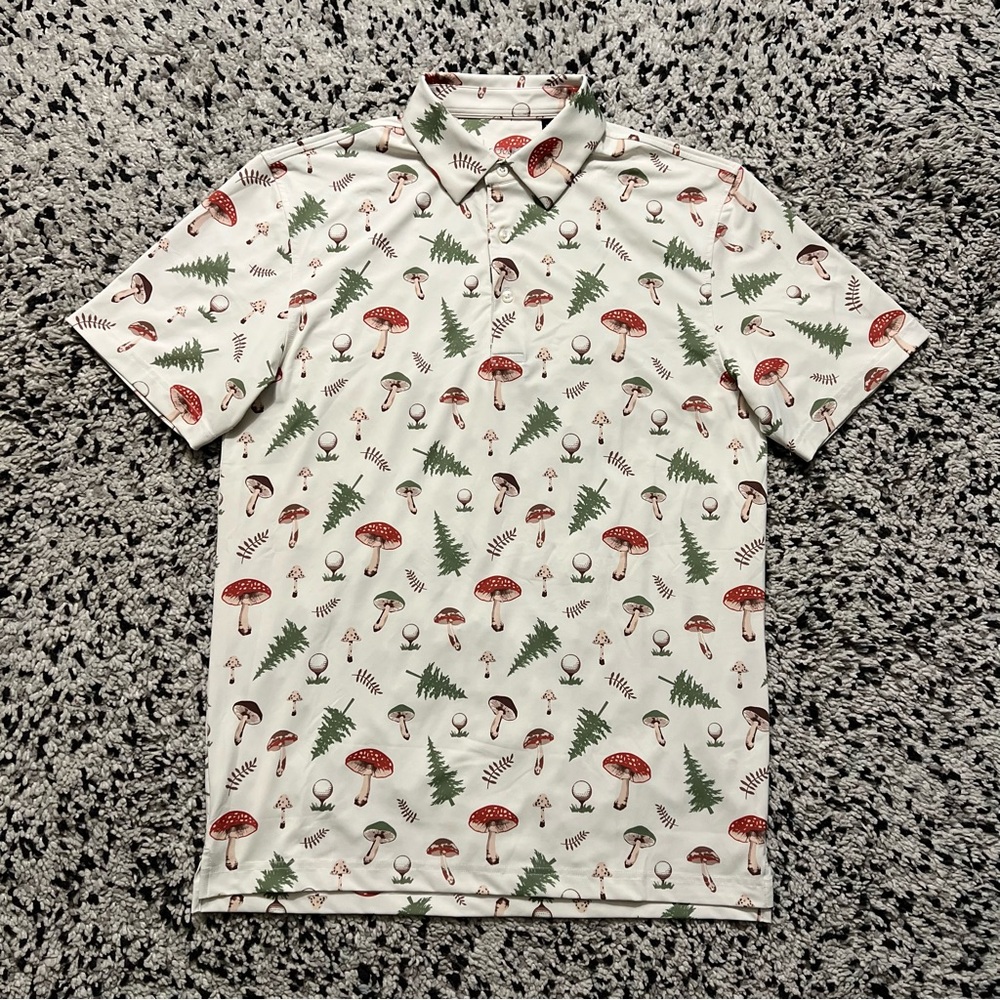 Swing Juice Golf Polo Shirt Mushrooms Trees Print Short Sleeve Stretch Small